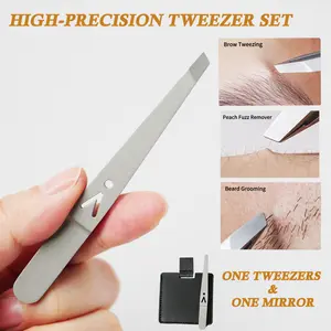 High-precision stainless steel eyebrow tweezers and nose hair tweezers for men, equipped with a small stainless steel mirror—a home grooming tool for shaping eyebrows and removing nose hairs.