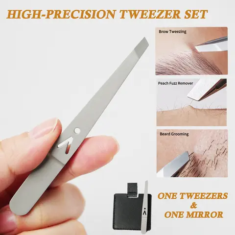 Zivoy Men’s 2-Piece Beard & Eyebrow Grooming Set - Durable High-Precision Metal Stainless Steel Eyebrow Tweezers, Mirror for Home Daily Care, Precise Trimming & Placement Viewing