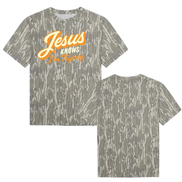 Jesus Knows Im Trying Short Sleeve Shirt, Men's Hunting Camo Shirt, Vintage 3D, Gift for Dad or Husban, Style 3D Camo Mossy Oak