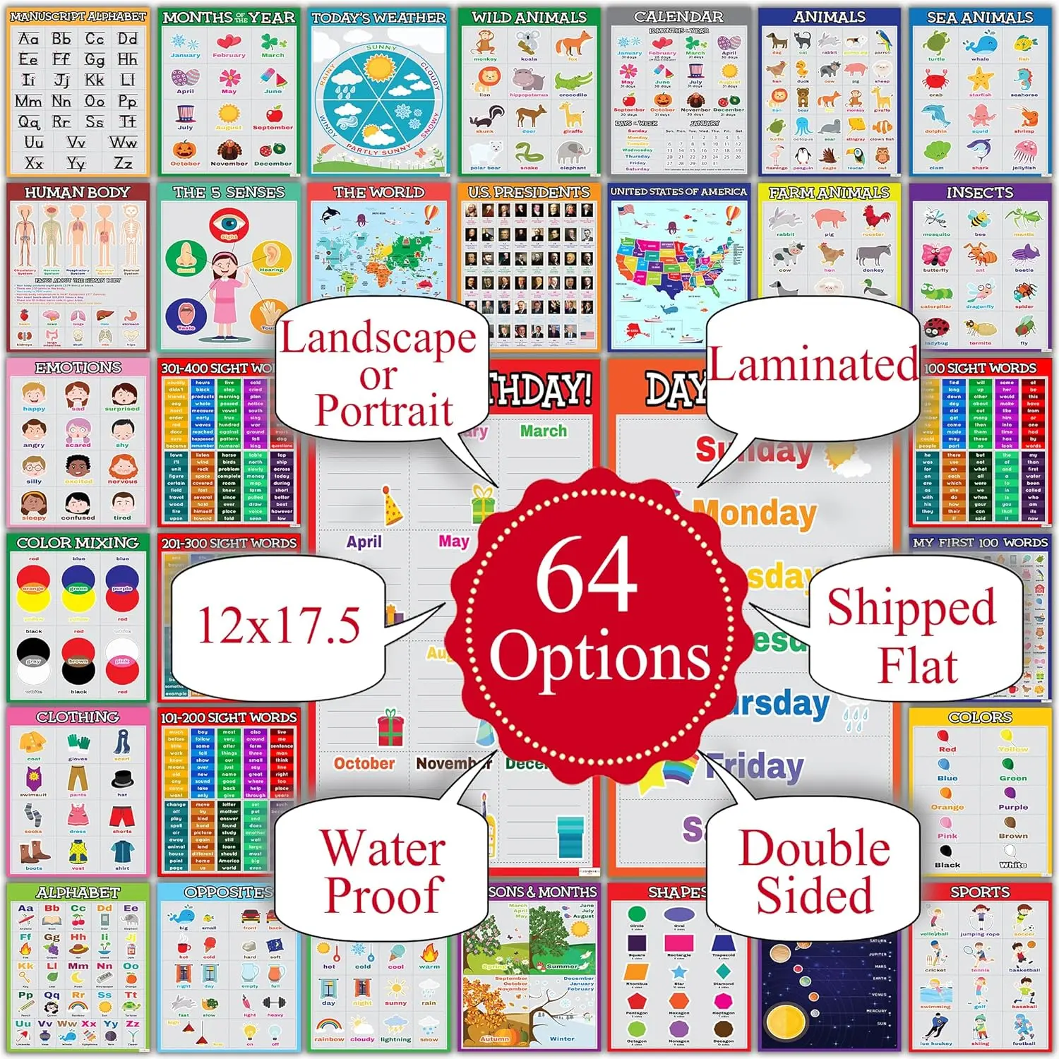 Flora Maria Shop - Classroom Posters - Educational Posters - 32 Set Classroom Decor - Bulletin Board Decorations for Elementary, Middle, High School Teacher - 64 Options