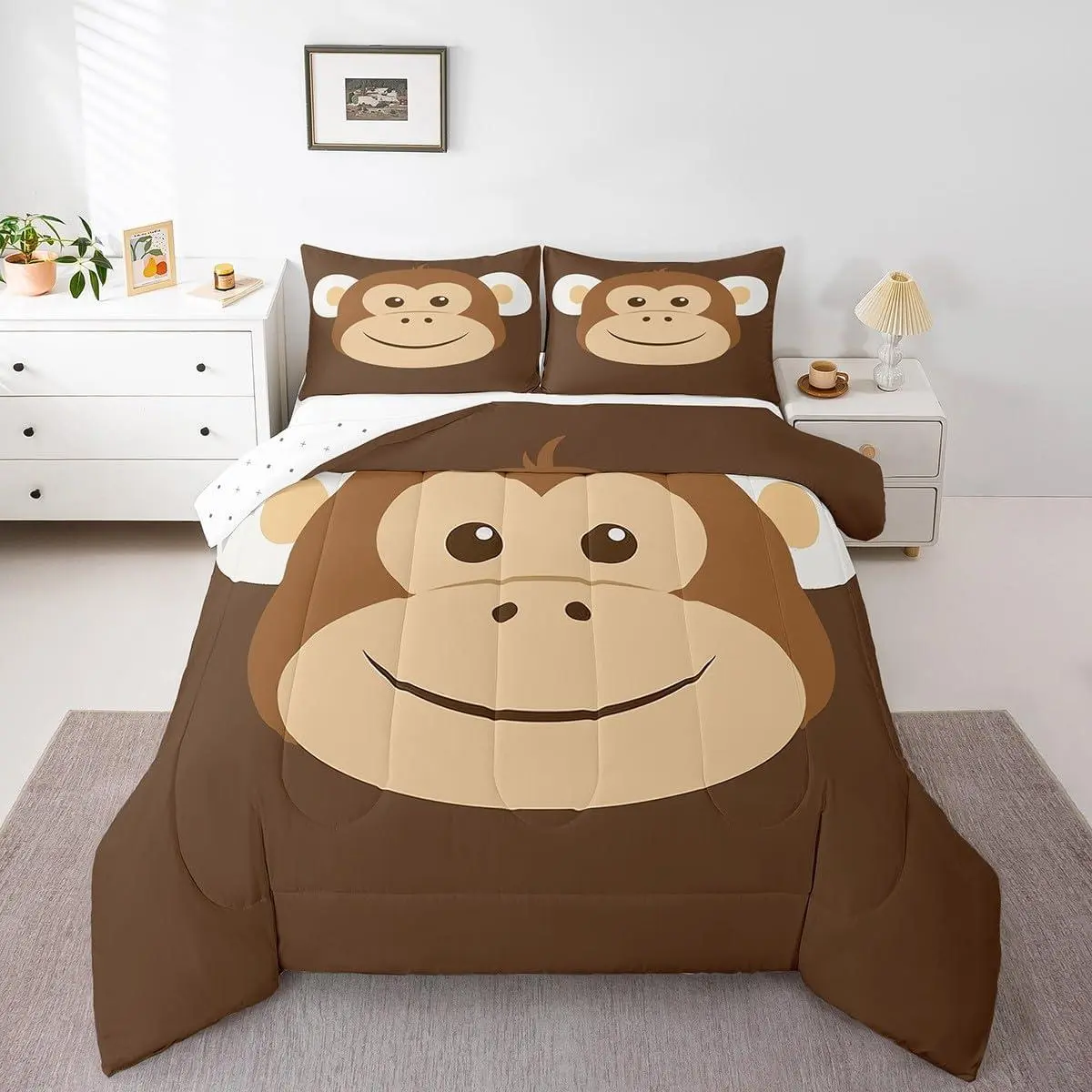 Cute Monkey Comforter Set,Cartoon Animals Bedding Set Room Decor,Soft Brown Quilt Set Geometric Symbols Reversible Duvet Insert