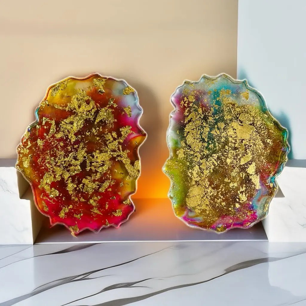 Handmade Resin Coaster Set with Gold Leaf - Elegant and Colorful Home Décor