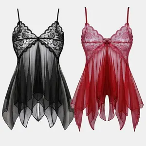 Short Women's Front Split Sheer Lace Babydoll Sleepwear, Lightweight and Flowing Nightdress with Adjustable Straps, Soft Breathable Fabric and Asymmetrical Hem, Women lingerie