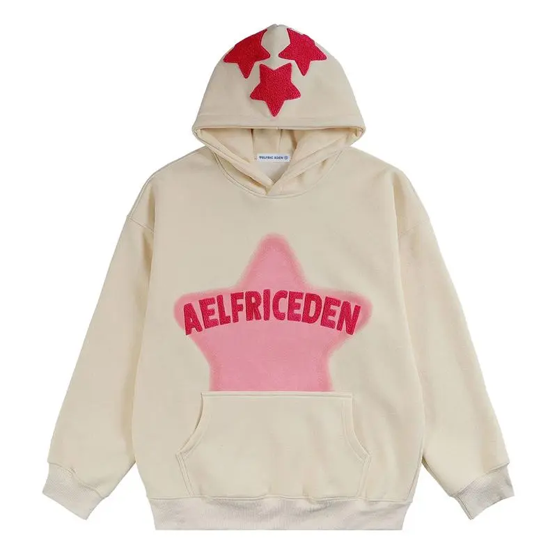 Men's Vintage 3D Star Embroidery Graphic Hoodie - Casual Oversized Long-Sleeve Cotton-Blend Sweatshirt