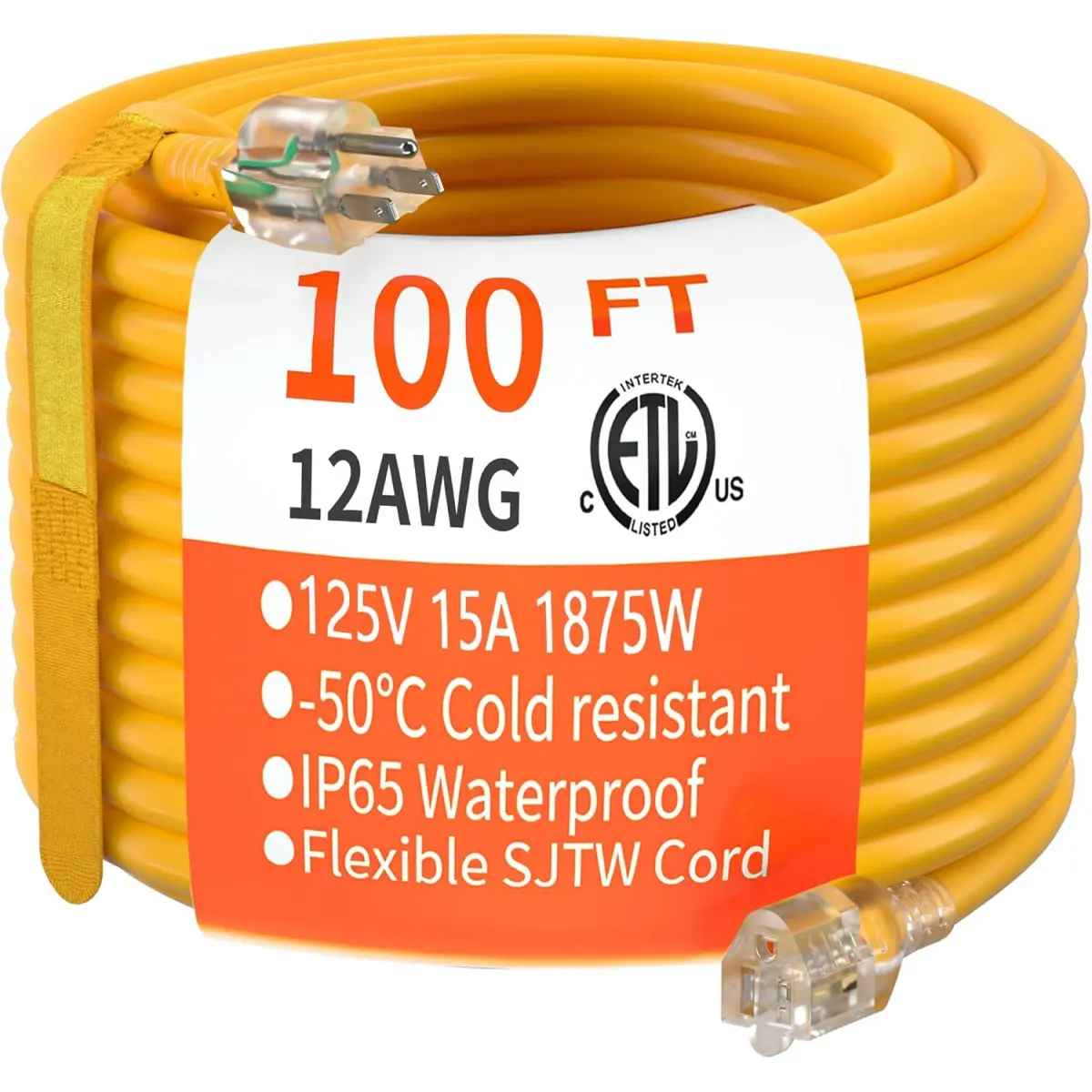 100 ft 12/3 Gauge SJTW Type Extension Cord, Abrasion-Resistant Heavy-Duty Outdoor Waterproof Lighted 3-Prong Electric Cord, Flexible Cold-Weather 15A 1875W 125V 12AWG Yellow ETL Listed with Storage Straps, Tangle-Free