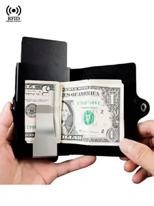 RFID Blocking Rfid Theft Proof Pop Up Metal Credit Card Holders Men Pu Minimalist Wallets with Zipper Pocket Bifold Cardholder Wallets for Men, Card Holder Organizer, Daily Use,Gift for Thanksgiving