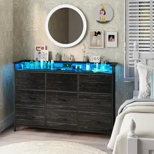 Black Dresser with  Station 9 Drawers Dresser with LED Light and USB Ports Fabric Dressers for Bedroom Hallway Entryway Closets Sturdy Steel Frame  Top
