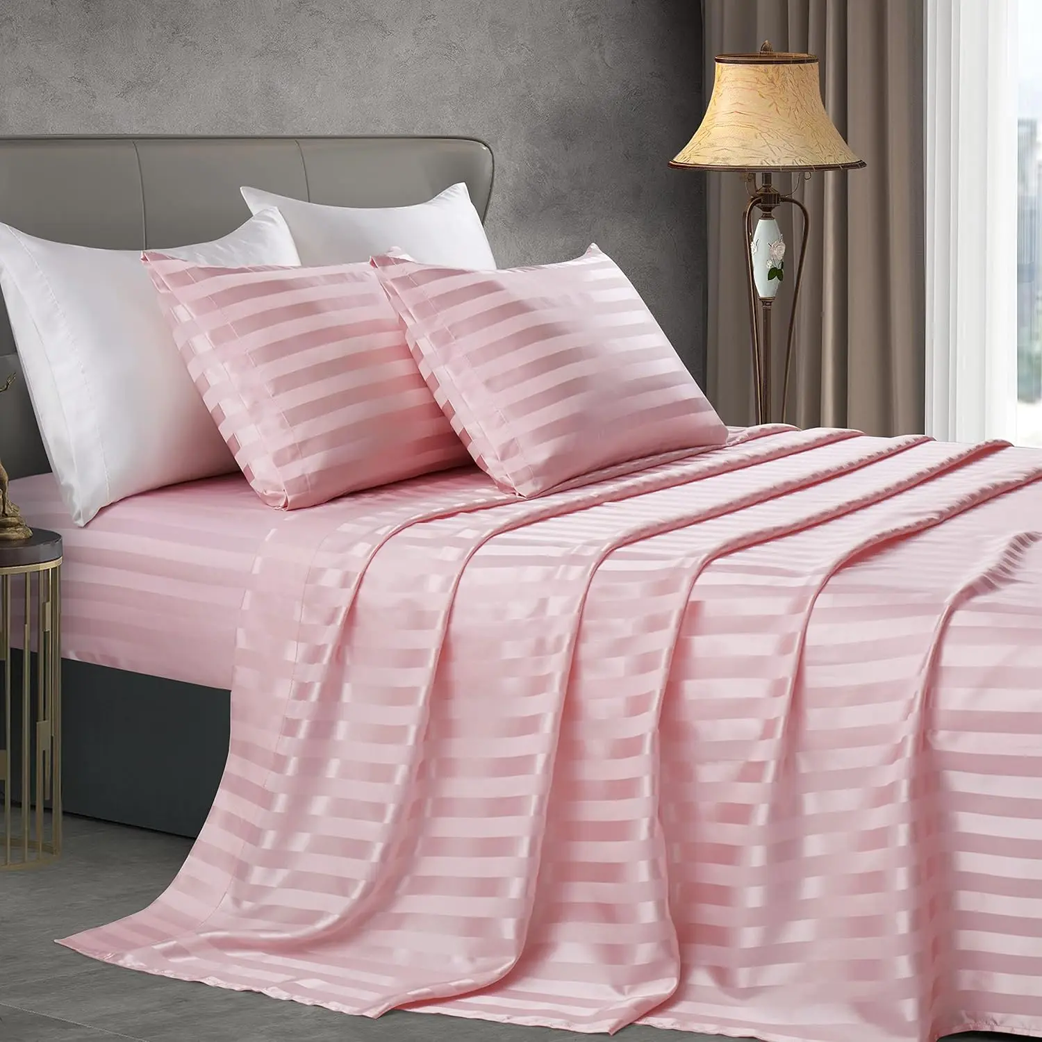 Blush Pink Satin Striped Sheets - 4 count Satin Sheets  Size, Cooling Silky Satin Bed Sheets Luxury Bedding Sheet Set(1 Satin Fitted Sheet, 1 Satin Flat Sheet, 2 Satin Pillow Cases)