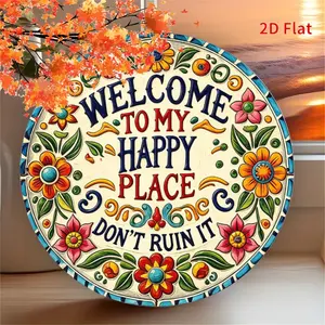 Welcome To My Happy Place Sign, Decorative Plaque, Colorful Floral Pattern Wall Art, Wall Decor for Home, Party, Cafe, Bedroom, Bar, Flower, Bathroom Decorations