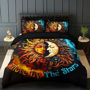 3pcs Star Moon Floral Letter Bedding Set (1 Fitted Sheet + 2 Pillowcases), High Definition Print, Home Dormitory Use