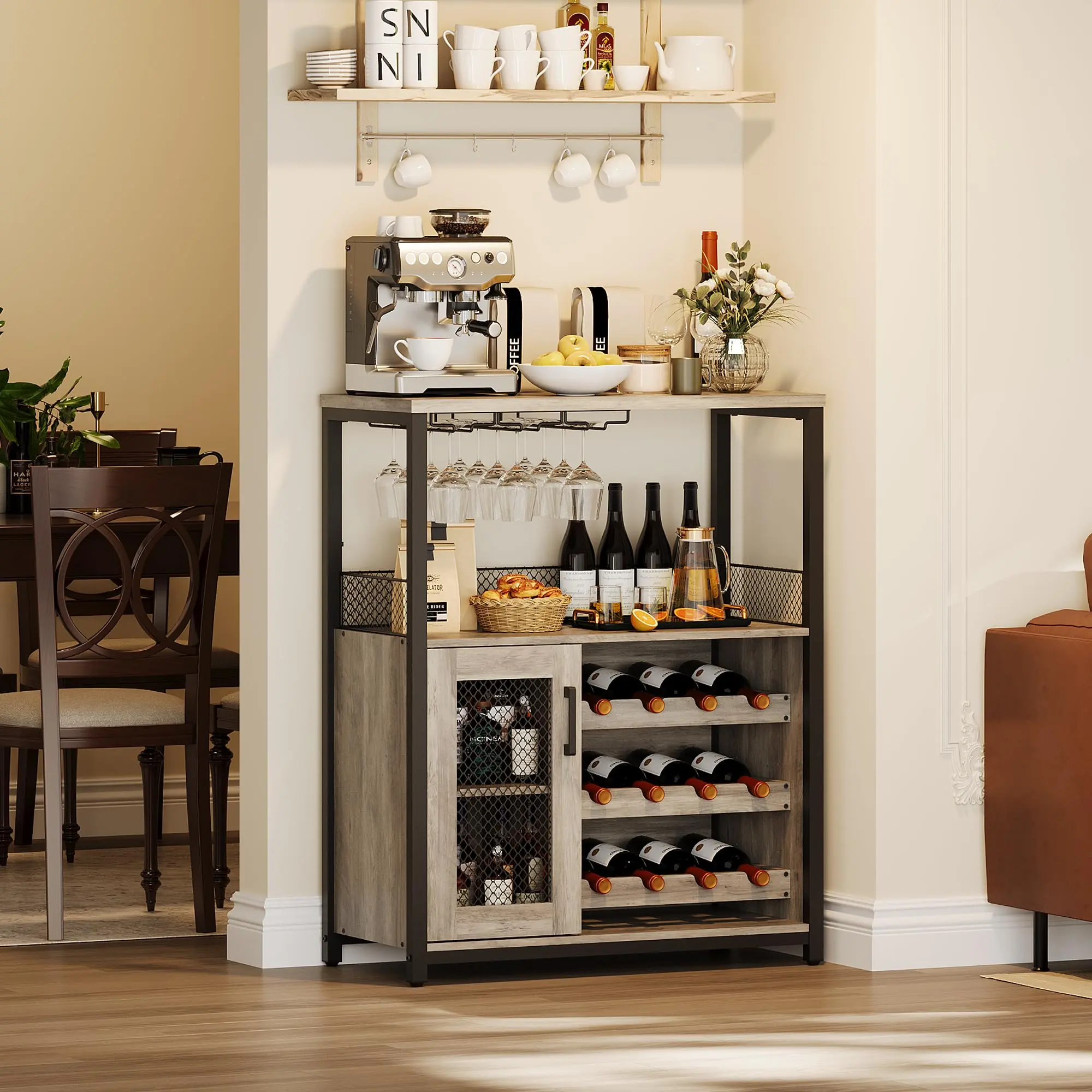 Garvee 3-Tier Grey Wine Bar Cabinet with LED Lights, Adjustable Shelves, Detachable Wine Rack, Glass Holder, Mesh Door – Elegant Liquor Coffee Bar Sideboard for Dining Room, Kitchen, Living Room