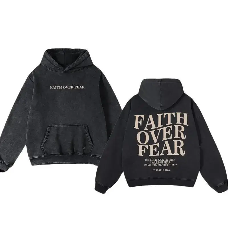 Vintage Faith Over Fear Graphic Acid Washed Oversized Hoodie, Double Side Y2K Gothic Hoodie, God Hoodie, Hell Star Vintage, Retro Washed Hoodie, Y2K Fashion, Gothic Streetwear, Unique Gift