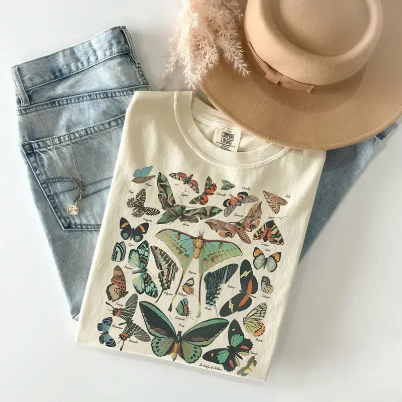 Women's Comfort Colors Vintage Butterfly & Moth Tee - Butterfly Graphic, Cottagecore Aesthetic, Boho Clothing, Gift For Nature Lovers, Vintage Tees