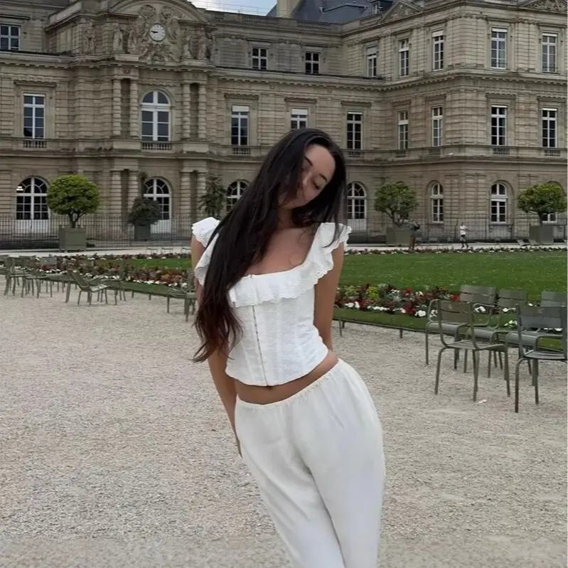 Women's Eyelet Lace Detail Corset Blouse - Lady's Style Embroidered Texture Women's Top, Backless Square Neck Polyester Shirt, Cap Butterfly Sleeves, Adjustable Lace-Up, Corset Cinch Fit, Hollow for Summer Outdoor Daily Casual Wear White