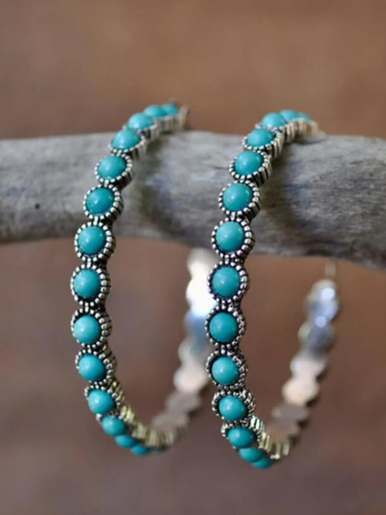 1 Pair Turquoise Texture Design Hoop Earrings for Women, Elegant Vintage Jewelry For Women For Gift