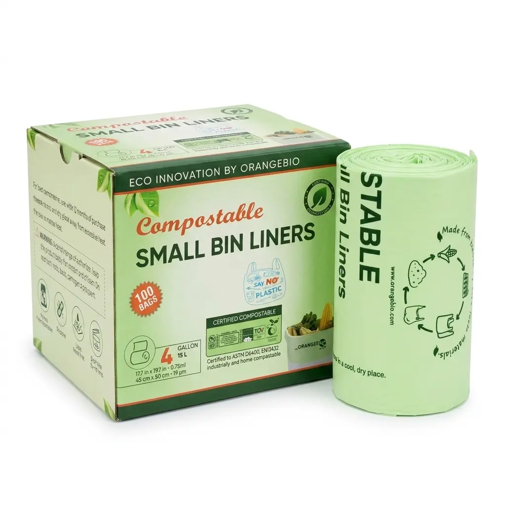 OrangeBio® 4 Gallon Compostable Small Bin Liners, 100 Count, BPI Certified, TÜV OK Compost HOME