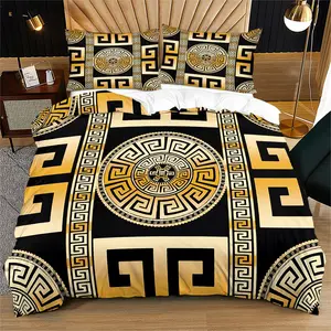 2/3-Piece Vintage Black and Gold Greek Duvet Cover Set Luxurious, Soft Bedding Set With Geometric Gold Prints; Lightweight and Breathable; Perfect for Hotel Bedroom Decor an Ideal Gift