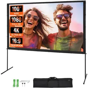 VEVOR Projector Screen with Stand, 100 inch 16: 9 4K 1080 HD Outdoor Movie Screen with Stand, Wrinkle-Free Projection Screen with Bar Feet and Carry Bag, for Home Theater Cinema Backyard Movie Night