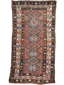 Kazak with Nice Tribal Design in Clay, Terracotta, Amazing Blues and Greens |~ 4 x 7.9