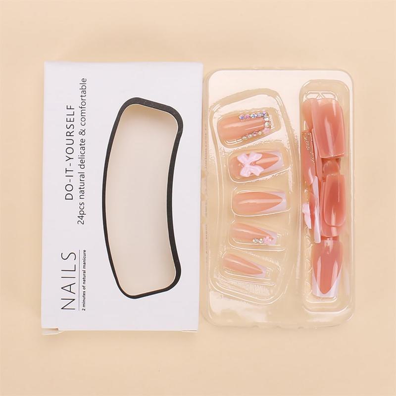 Name 24pcs White French Tip Press-On Nails Short Square Fake Nails with Rhinestones Pink Flower Bow Design Acrylic Glue-On False Nails for Women DIY Easter Birthday Gift