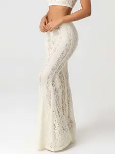 Floral Lace Detail Pants for Women, Y2K Aesthetic High Waist Bell Bottom Trousers, Elastic Waist Boho Beach Pants,Coquette Outfit, Perfect for Vacation, Beach, Romantic Boho Style for Teen Girls