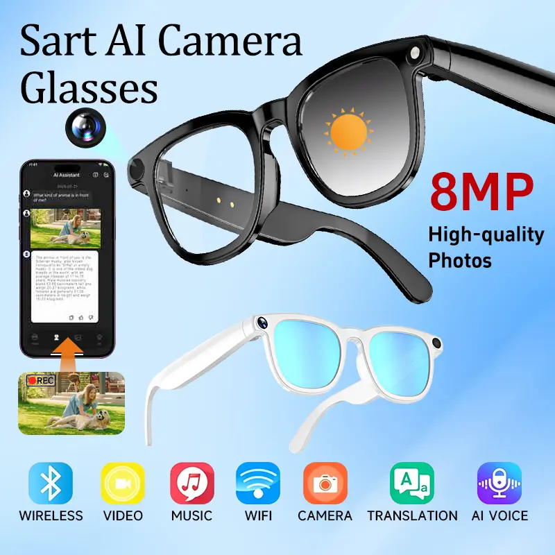 HIRO Smart AI Camera Glasses with 8MP Resolution  Convenient Button Touch Adjustment for Travel Outdoor Adventures Hands-Free Photography 160+Languages Real-Time Translation Bluetooth Wireless Wearable Video Recording  gift Multifunctional Audio Sunglasse