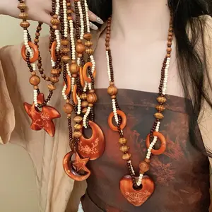 Bohemian Wooden Beaded Necklace with Retro Ethnic Style Unique High-End Design Accessory for Casual Wear or Special Occasions