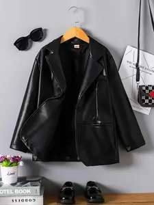 Girls' Spring & Fall PU Leather Long Sleeve Jacket, Casual Loose Fit Western Style Coat with Pockets, Trendy Outerwear for Kids