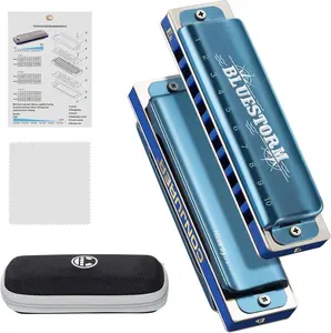 Blues Harmonica for Beginners Adult 10 Hole Diatonic Harmonica in Eb Key Phosphor Bronze Reeds Brass Deluxe Mouth Organ Blues Harp with Case, Key of Eb Blue