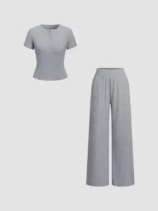 2-Piece Set Basic Henry Neck Short Sleeve Top & Loose Long Pants, Comfortable Home Wear, Casual Fashion for Men