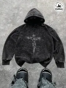 "Faith Over Fear" Crucifix Graphic Vintage Hoodie, Trendy Streetwear with Inspirational Vibe, TikTok - Popular Fashion Item