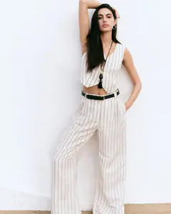 Express Linen-Blend Striped High Waisted Relaxed Trouser