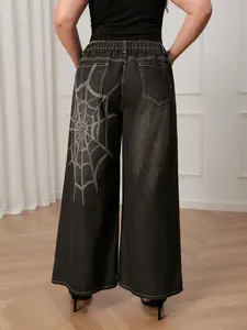 Retro Street Style Spider Web Rhinestone Oversized Wide-leg Plus-size Jeans for Women