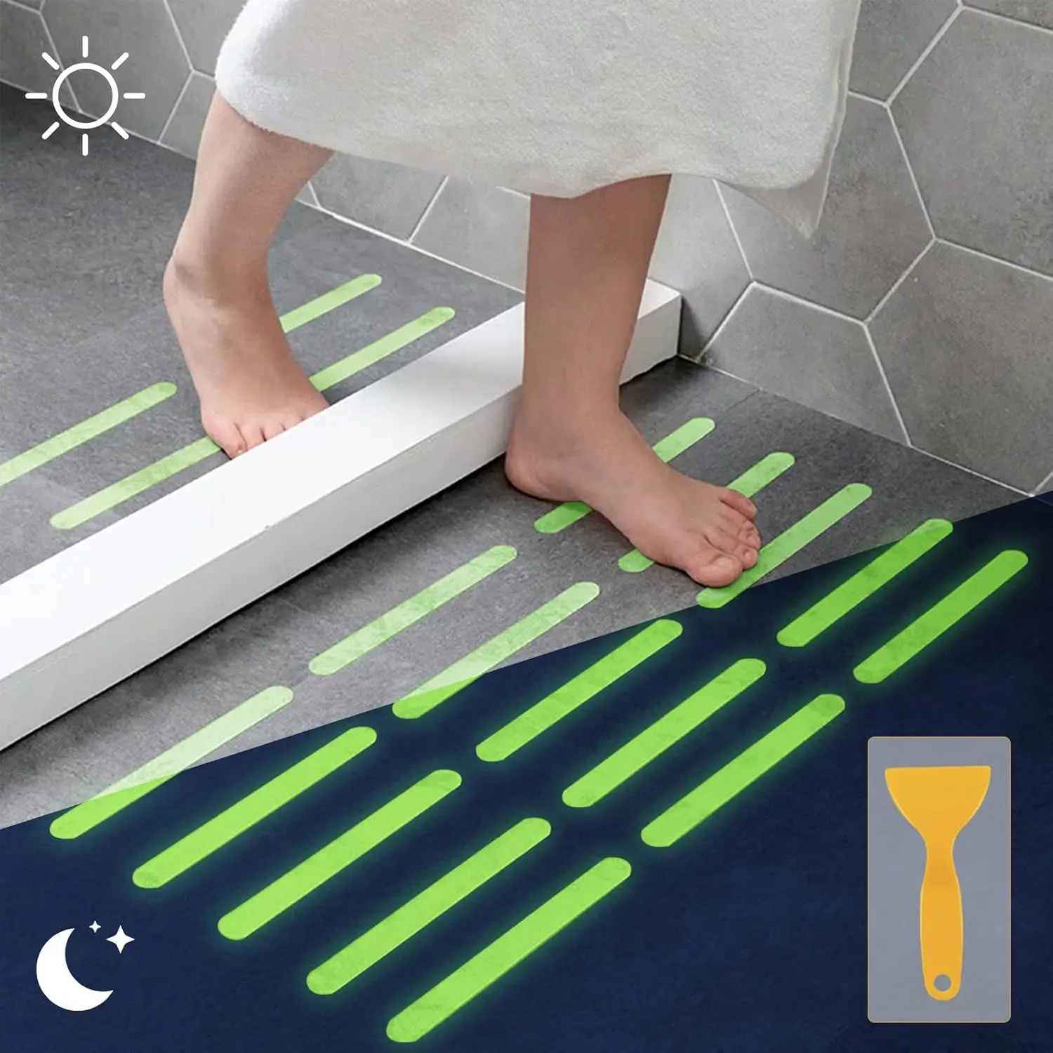 30pcs Luminous Straight Adhesive Shower Strips (8*0.8inch) - Durable, Glowing, Smooth, Non-Slip Adhesive Tape with Scraper, Safety Treads for Bathtub/Stair, Home Improvement Building Supplies Stickers, Luminous-30Pcs-Straight, Glowing Strip