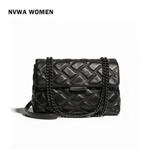 The Edgy Puffer Flap - All Black Quilted Crossbody Purse Soft Vegan Leather with Chunky Chain for Night Out Party