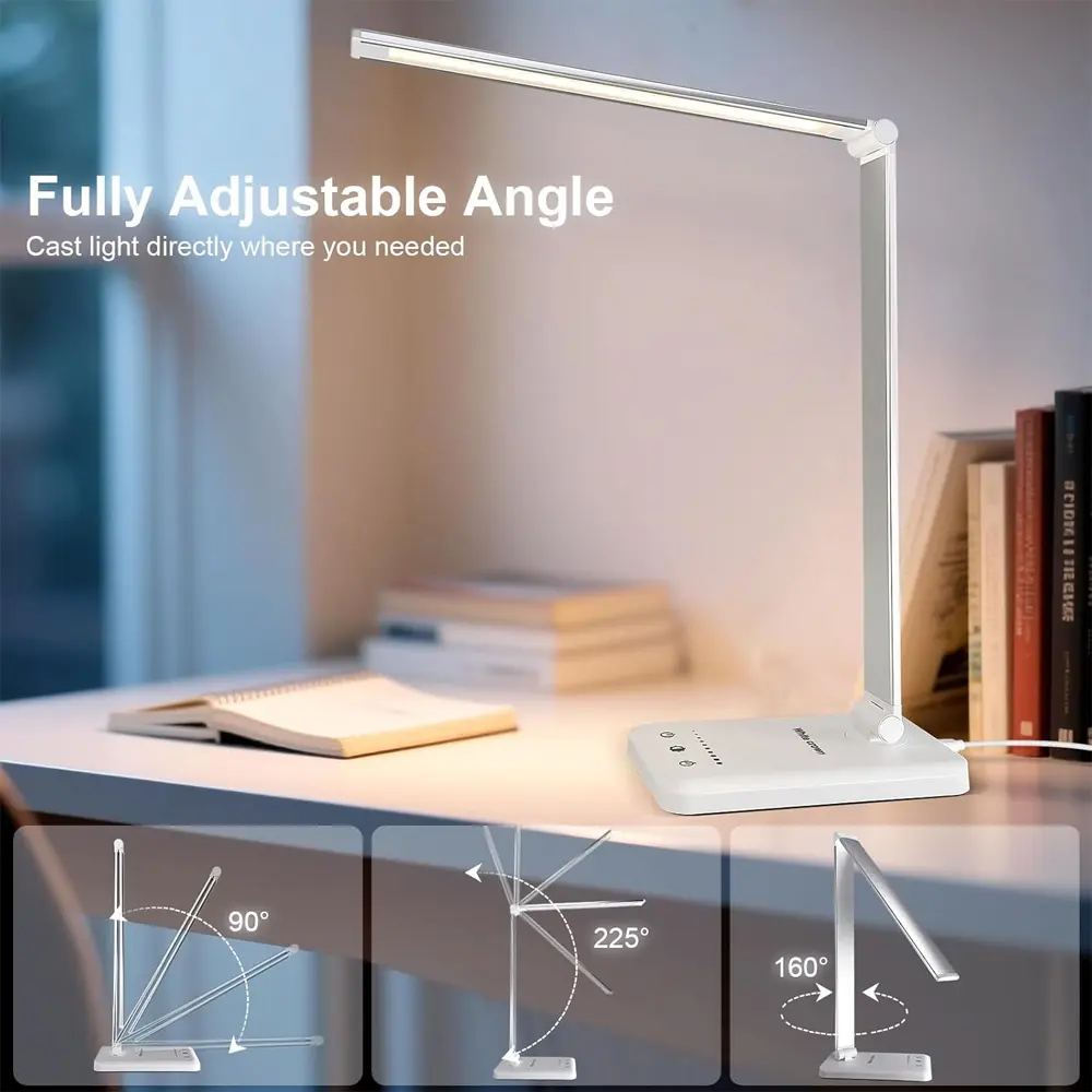 LED Desk Lamp With USB Charging Port, Dimmable Eye-Caring Reading Desk Light For Home, With 5 Brightness Level & 3 Lighting Modes, Touch Control, Auto Timer (White)