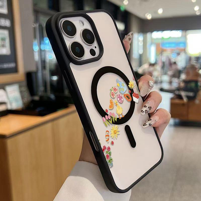 Adorable Duck Surrounded By Colorful Fruits Phone Case Featuring A Soft Tpu Back With Built-In Strong Magnet Ring, Blending Smooth Macaron Texture With Secure Magsafe Compatibility For iPhone 17 16 15 14 13 12 11 X XS