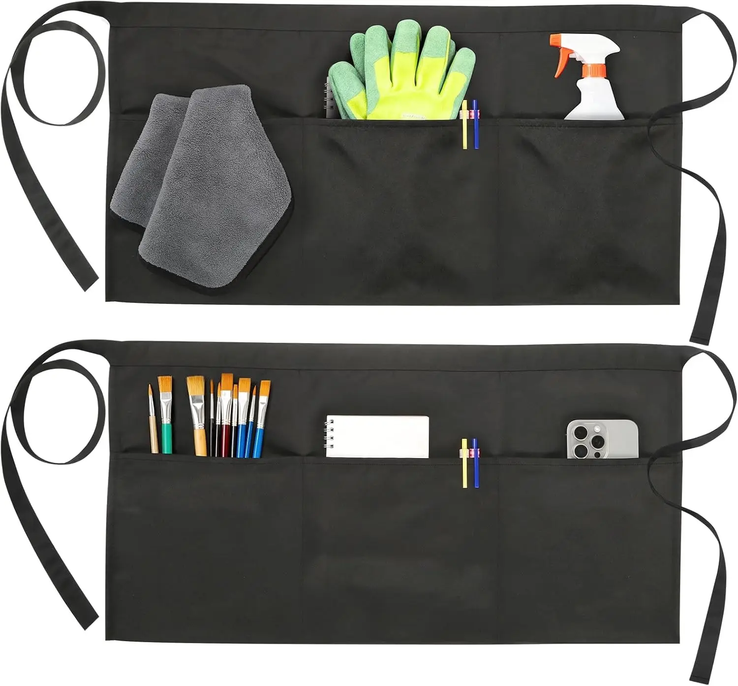 2-Pack Black Server Aprons with 3 Pockets, Adjustable Water-Resistant Waist Half Apron for Waitress & Bartender