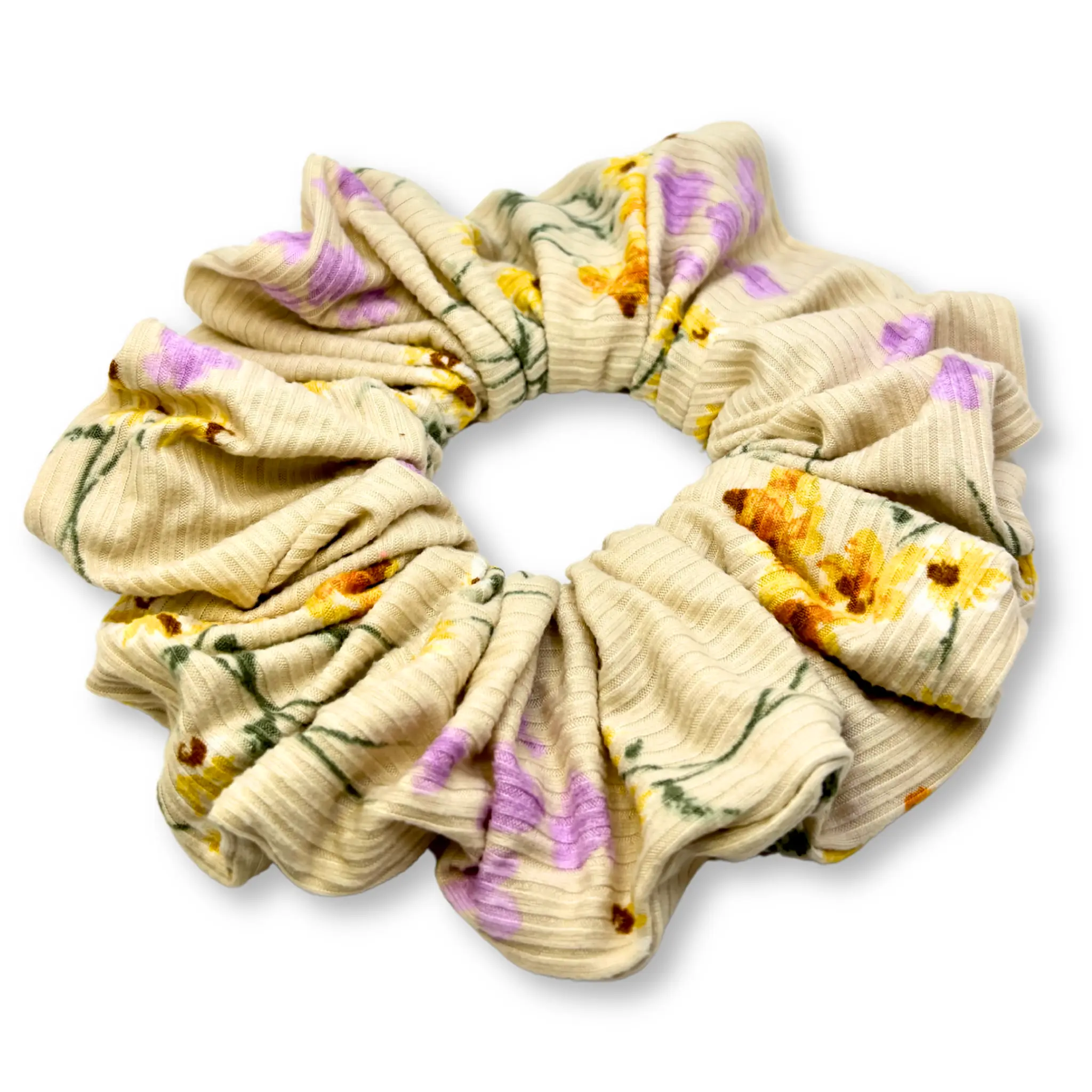 Ivory Floral Summer Ribbed Scrunchie