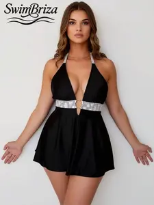 Briza｜Halter Plunge One Piece Swimsuit And One Piece Bathing Suit In Black With Snakeskin Belt And Cutout As Plus Size Swimwear And Vacation Swimwear For Women And Plus Size Swimsuits For Women, Bathing Suit Fancy For Resort Confidence