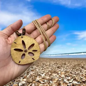 Handcrafted Wooden Sand Dollar Pendant Necklace with Coconut Wood Beads Adjustable Length Fashion Jewelry for Men Women Unisex Design 2x2 Inch Beige Color Symbolic Ocean Symbolism Gift Idea