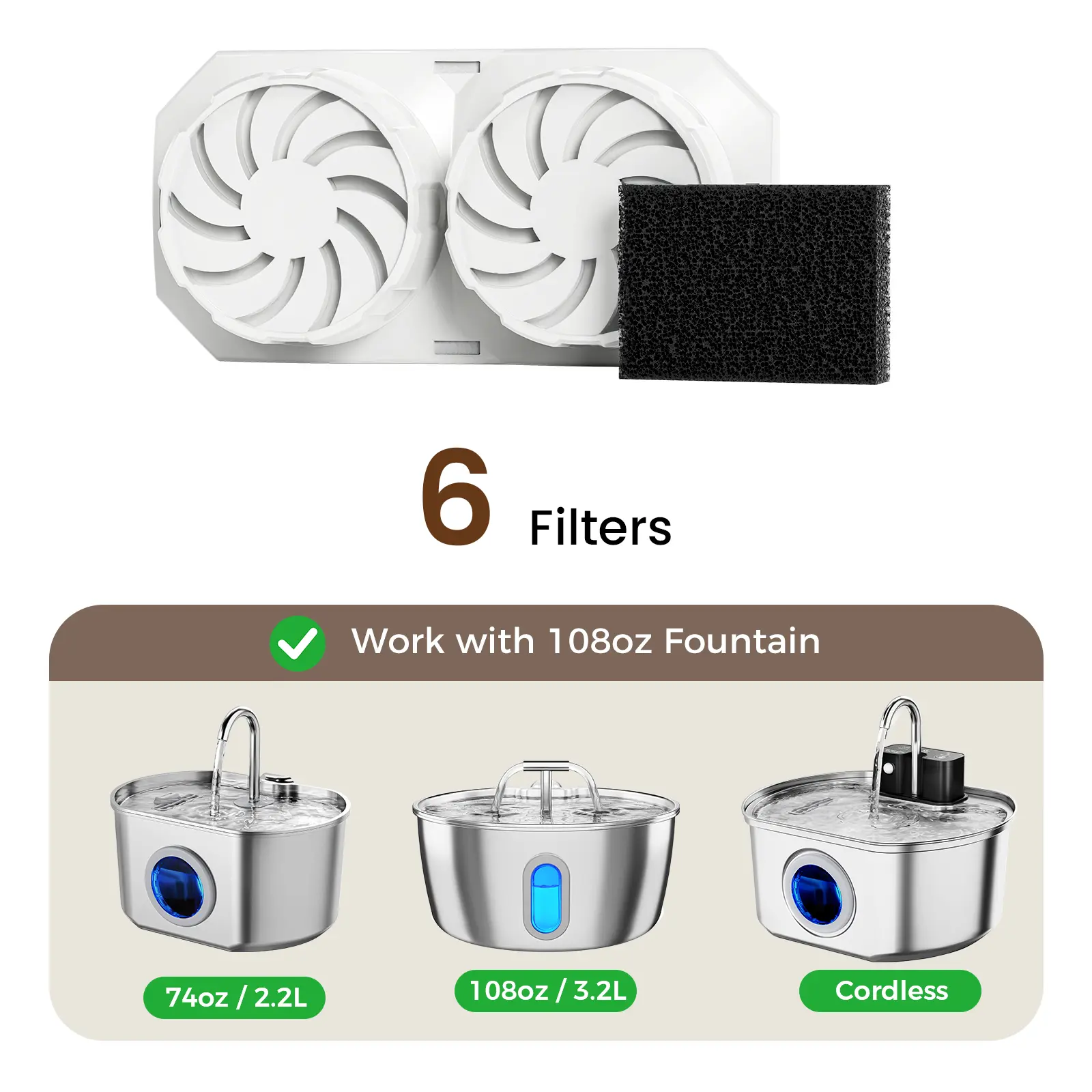 Round Cat Water Fountain Replacement Filters & Pre-Filter Sponges for Round Version 3.2L/108oz Stainless Steel Pet Fountain (6 Pack) catwaterfountain Automatic Gravity Feeder, Automatic Feeder