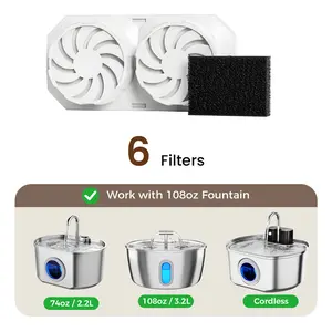Round Cat Water Fountain Replacement Filters & Pre-Filter Sponges for Round Version 3.2L/108oz Stainless Steel Pet Fountain (6 Pack) catwaterfountain Automatic Gravity Feeder, Automatic Feeder