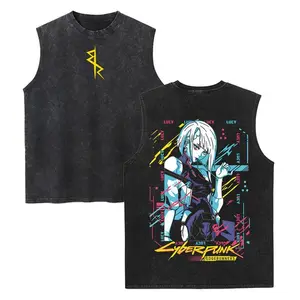 Cyberpunk: Edgerunners Washed Tank Top, Gym Essential, Vintage Casual Crewneck Short Sleeves Menswear T-shirt Classic Cotton Fabric Streetwear