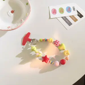 Kawaii Dopamine Colorful Hand Drawn Grid Star Phone Lanyard DIY Beaded CCD Camera Strap Keychain Aesthetic Bag Charm Accessory