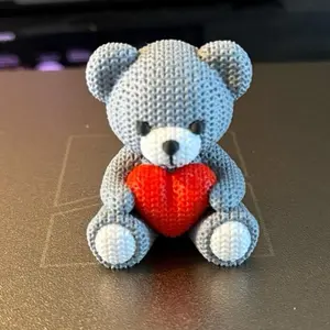 Crochet Style Teddy Bear with Heart Gray 3D Printed Kawaii Bear – Valentine Gift – Cute Romantic Desk Decor Teddybear