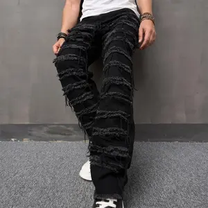 Men’s high street hip hop biker jeans — distressed stacked and spliced design, loose straight-leg denim pants for streetwear and motorcycle riding, elasticated menswear