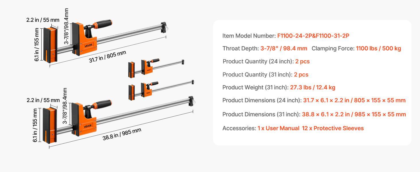 【Summerfinds】VEVOR 4-Piece F-Style Bar Clamps - 24in & 31in Heavy Duty Secure Upgraded, 1100 lbs Clamping Force, 2-in-1 Design, PA6 Handles, Parallel Soft Rubber Pads, Carbon Steel Bar for DIY Woodwork & Wood/Metal Joining Projects, Heavy Duty Clamp