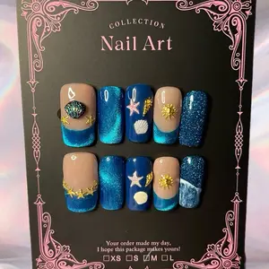 Mermaid Press On Nails 3D Seashell Starfish Ocean Blue Summer Nails Handmade Reusable Nail Set with Glue Tabs File for Beach Trips Vacay Pics