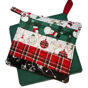 Handmade Quilted Christmas Pot Holders Set of 2 - Festive Green & Red Designs for Holiday Cooking